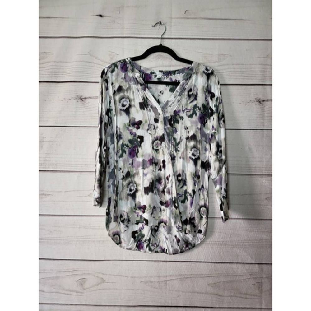 Georgio Sant Angelo Women Tunic Top White Floral Watercolor Long Sleeve V Neck M